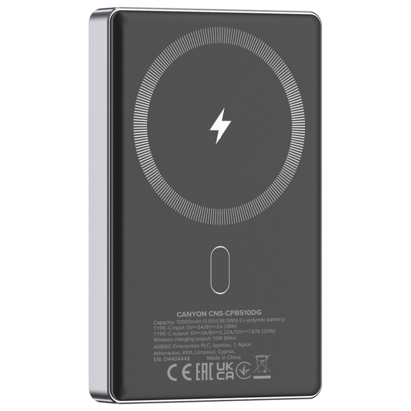 Canyon power bank OnPower 510 slim Magnetic 10000 mAh PD20W Dark Grey
