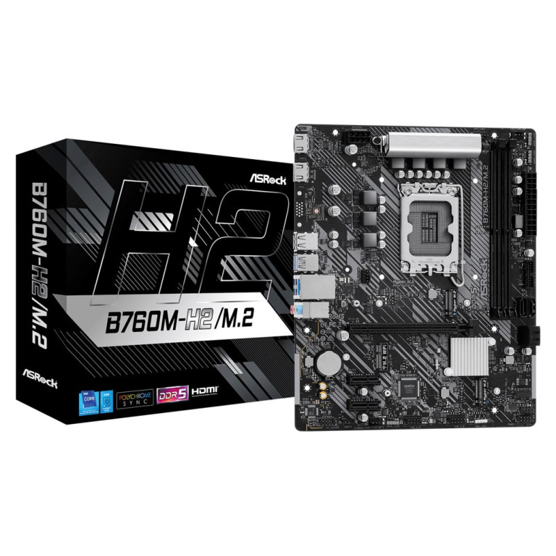 Asrock Mainboard|ASROCK|Intel B760 Express|LGA1700|Micro-ATX|Memory DDR5|Memory slots 2|2xPCI-Express 3.0 1x|1xPCI-Express 4.0 16x|3xM.2|2xHDMI|2xUSB 2.0|4xUSB 3.2|1xRJ45|3xAudio port|B760M-H2/M.2