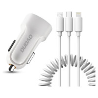 Dudao car kit charger 2x USB 2.4A + cable USB 3in1 Lightning / Type C / micro USB cable white (R7 white)