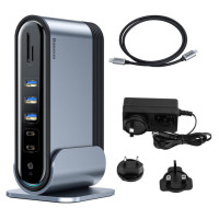 Baseus HUB Baseus CAHUB-DG0G 3x USB 3.2 Gen 1 / 2x USB-A / 2x USB-C / SD card reader, micro SD / AUX / 3x HDMI / RJ45 PD 100W (EU / CN / UK plugs) - gray