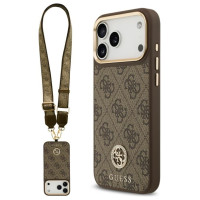 Guess 4G Strass Logo & Big Strap Metal Buttons MagSafe Case for iPhone 17 Pro Max - Brown