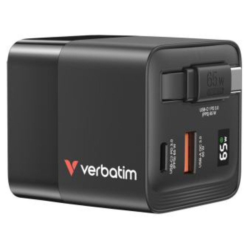 Verbatim Lādētājs Verbatim GaN Wall Charger 65W 2 Port with Retractable Cable