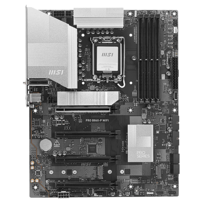 MSI Mainboard|MSI|Intel B860 Express|LGA1851|ATX|Memory DDR5|Memory slots 4|2xPCI-Express 4.0 1x|1xPCI-Express 4.0 4x	|1xPCI-Express 5.0 16x|3xM.2|1xHDMI|1xDisplayPort|8xUSB 2.0|2xUSB 3.2|1xUSB-C|1xRJ45|3xAudio port|1xThunderbolt|PROB860-PWIFI