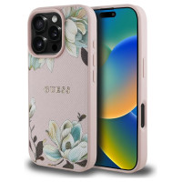 Guess Grained Printed Flower Pattern MagSafe Case for iPhone 16 Pro Pink