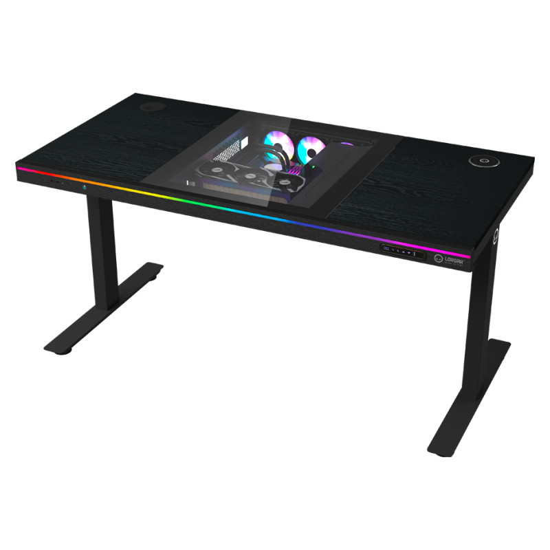 Lorgar Dual-motor sit/stand adjustable-height gaming desk with built-in PC case, wireless charger, RGB lighting, control panel, and USB ports, PB melamine surface tabletop, black.