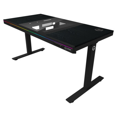 Lorgar Dual-motor sit/stand adjustable-height gaming desk with built-in PC case, wireless charger, RGB lighting, control panel, and USB ports, PB melamine surface tabletop, black.