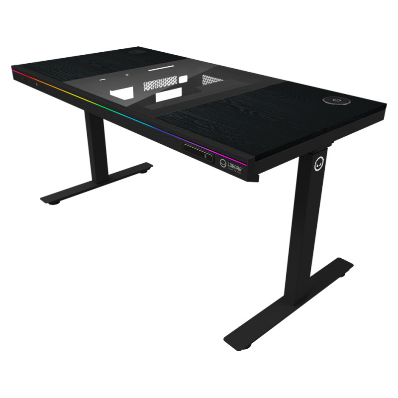 Lorgar Dual-motor sit/stand adjustable-height gaming desk with built-in PC case, wireless charger, RGB lighting, control panel, and USB ports, PB melamine surface tabletop, black.