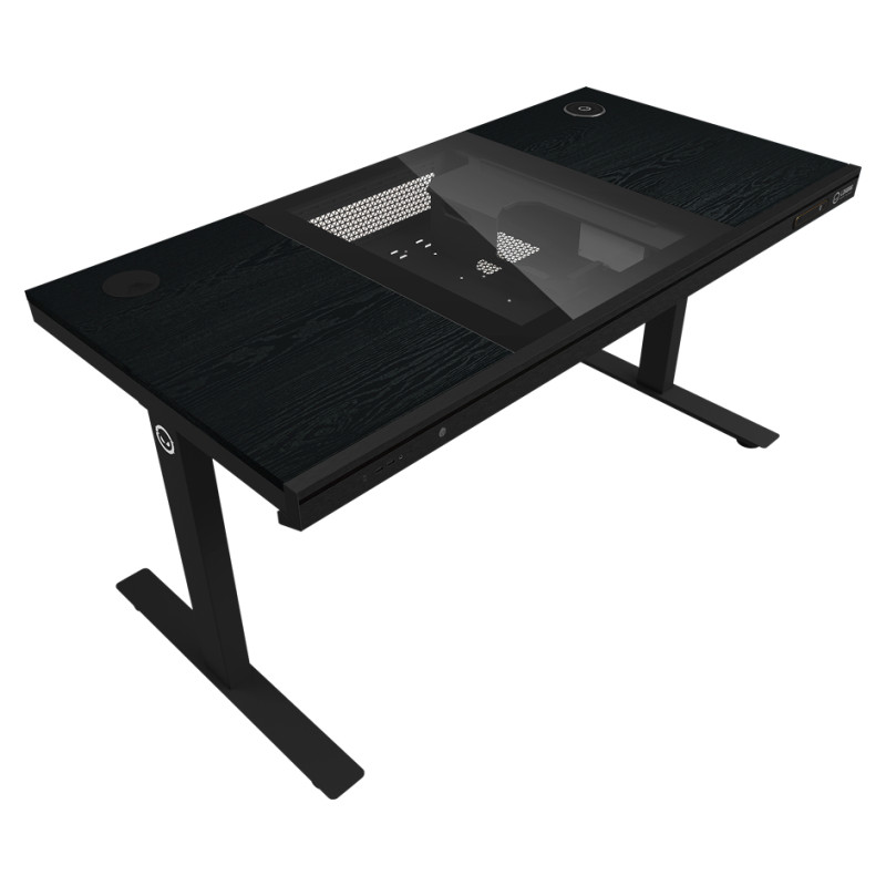 Lorgar Dual-motor sit/stand adjustable-height gaming desk with built-in PC case, wireless charger, RGB lighting, control panel, and USB ports, PB melamine surface tabletop, black.