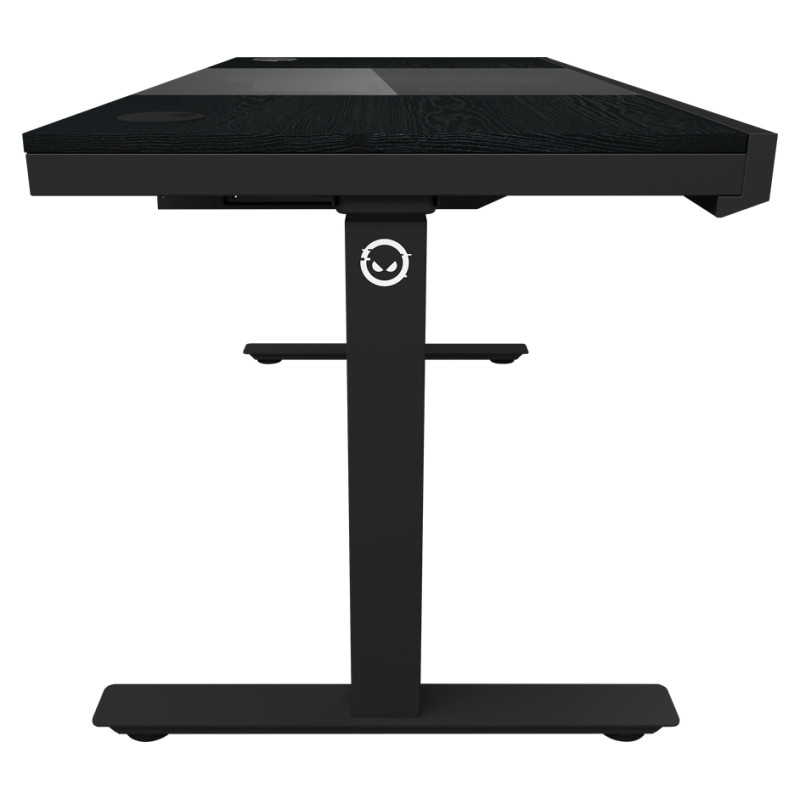 Lorgar Dual-motor sit/stand adjustable-height gaming desk with built-in PC case, wireless charger, RGB lighting, control panel, and USB ports, PB melamine surface tabletop, black.