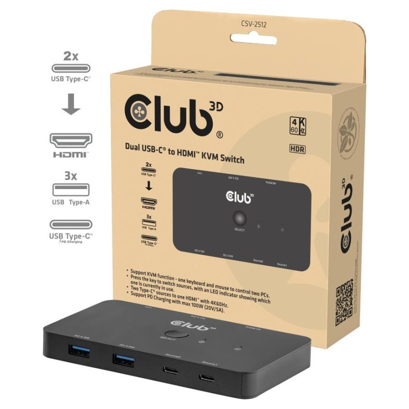 Club3D VIDEO SWITCH KVM USB-C TO HDMI/DUAL CSV-2512 CLUB3D
