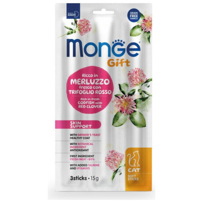 Monge GIFT Cat SOFT STICKS Skin support Codfish with red clover / 15 g - kārums kaķiem