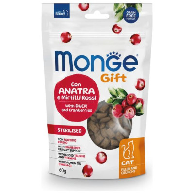 Monge GIFT Cat FILLED & CRUNCHY Sterilsed Duck and cranberries / 60 g - kārums kaķiem