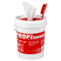 Profi Sauber Cloths in a soaking bucket with a ProfiSauber WET SET 100 dispenser