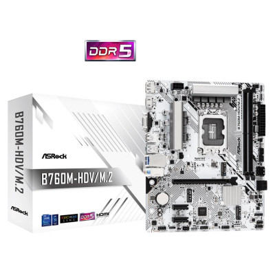 Asrock Mainboard|ASROCK|Intel B760 Express|LGA1700|Micro-ATX|Memory DDR5|Memory slots 2|2xPCI-Express 3.0 1x|1xPCI-Express 4.0 16x|1xM.2|1x15pin D-sub|1xHDMI|1xDisplayPort|1xAV-In|1xAV-out|1xMicrophone|2xUSB 2.0|3xUSB 3.2|1xUSB-C|1xRJ45|B760M-HDV/M.2