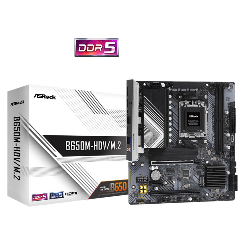 Asrock Mainboard|ASROCK|AMD B650|SAM5|Micro-ATX|Memory DDR5|Memory slots 2|1xPCI-Express 4.0 1x|2xPCI-Express 4.0 16x|1xM.2|1xHDMI|1xDisplayPort|1xAudio-In|1xAudio-Out|1xMicrophone|4xUSB 2.0|2xUSB 3.2|1xUSB-C|1xRJ45|B650M-HDV/M.2