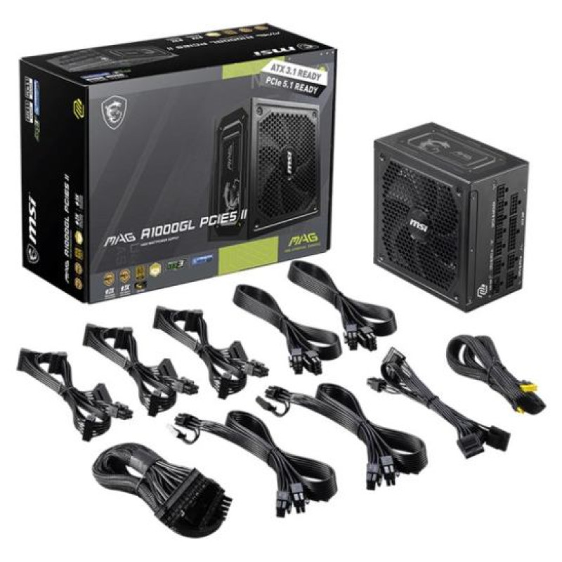 MSI Power Supply|MSI|MAG A1000GL PCIE5 II|ATX 3.1|1000 Watts|Efficiency 80 PLUS GOLD|PFC Active|MAGA1000GLPCIE5II