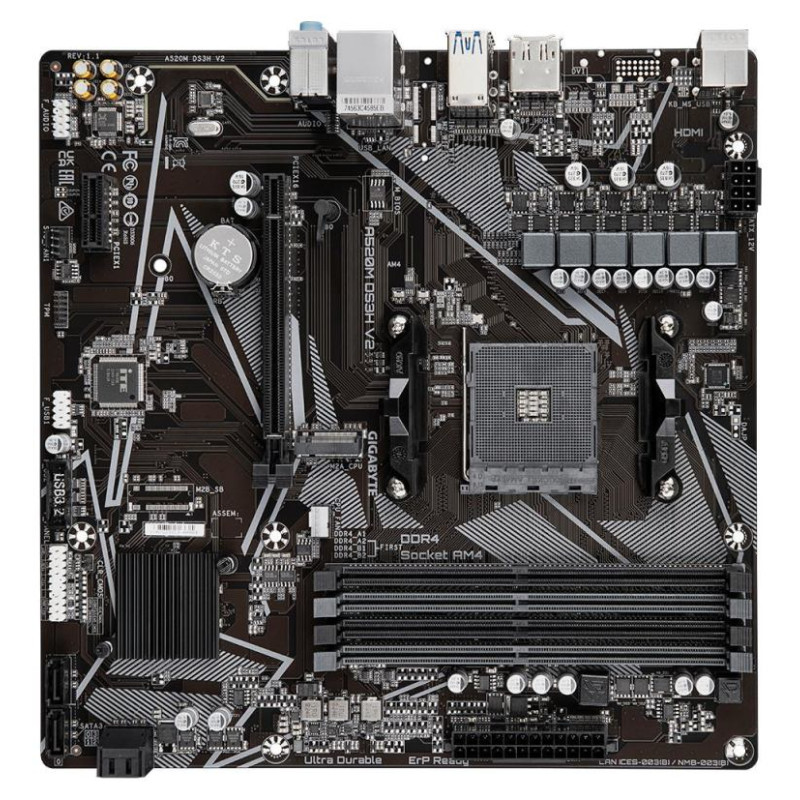 Gigabyte Mainboard|GIGABYTE|AMD A520|SAM4|Micro-ATX|Memory DDR4|Memory slots 4|1xPCI-Express 3.0 1x|1xPCI-Express 3.0 16x|1xM.2|1xHDMI|1xDisplayPort|2xUSB 2.0|4xUSB 3.2|1xPS/2|1xRJ45|3xAudio port|A520MDS3HV2