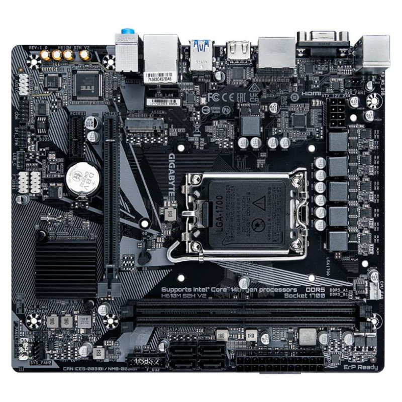 Gigabyte Mainboard|GIGABYTE|Intel H610|LGA1700|Micro-ATX|Memory DDR5|Memory slots 2|1xPCI-Express 3.0 1x|1xPCI-Express 4.0 16x|1xM.2|1x15pin D-sub|1xHDMI|2xDisplayPort|4xUSB 2.0|2xUSB 3.2|1xPS/2|1xRJ45|3xAudio port|H610MS2HV21.0