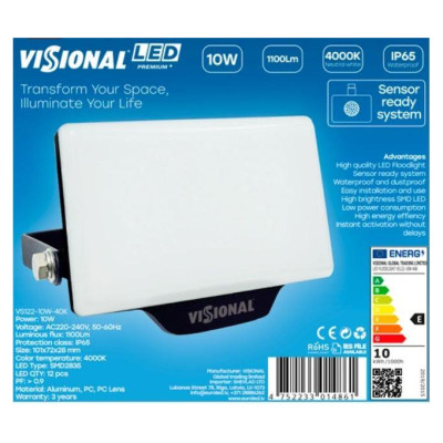 Visional Lamp|VISIONAL|Power consumption 10 Watts|Luminous flux 1100 Lumen|4000 K|AC220-240V|Beam angle 120 degrees|VS122-10W-40K