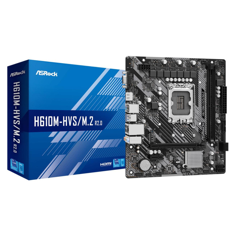 Asrock Mainboard|ASROCK|Intel H610|LGA1700|Micro-ATX|Memory DDR4|Memory slots 2|1xPCI-Express 3.0 1x|1xPCI-Express 4.0 16x|1xM.2|1x15pin D-sub|1xHDMI|1xAudio-In|1xAudio-Out|1xMicrophone|4xUSB 2.0|2xUSB 3.2|1xPS/2|1xRJ45|H610M-HVS/M.2R2.0