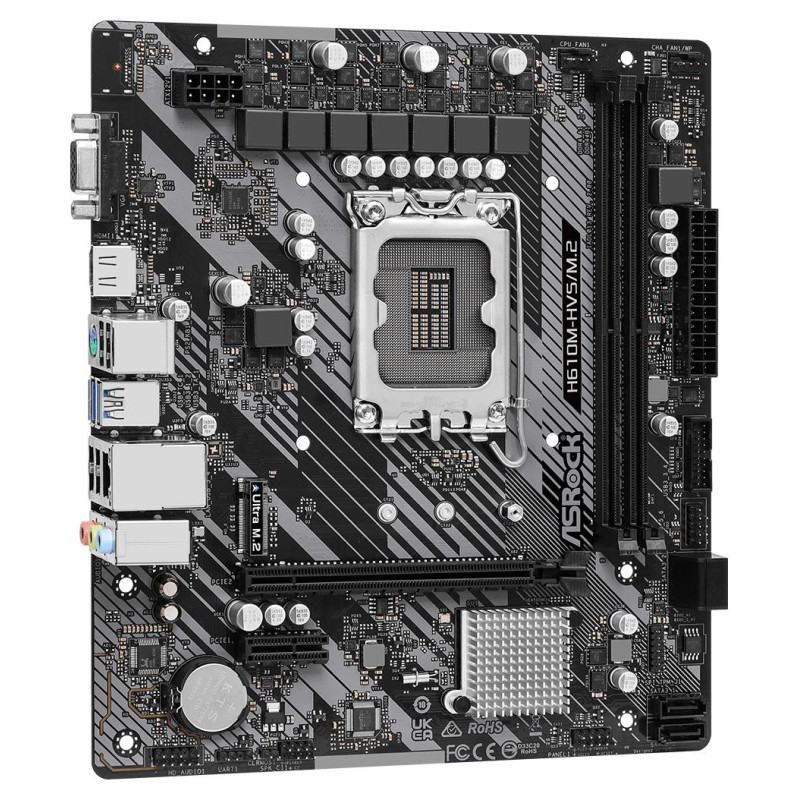 Asrock Mainboard|ASROCK|Intel H610|LGA1700|Micro-ATX|Memory DDR4|Memory slots 2|1xPCI-Express 3.0 1x|1xPCI-Express 4.0 16x|1xM.2|1x15pin D-sub|1xHDMI|1xAudio-In|1xAudio-Out|1xMicrophone|4xUSB 2.0|2xUSB 3.2|1xPS/2|1xRJ45|H610M-HVS/M.2R2.0