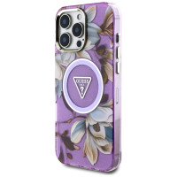 Guess Glitter Flowers Triangle Buttons MagSafe Case for iPhone 16 Pro Purple
