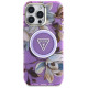 Guess Glitter Flowers Triangle Buttons MagSafe Case for iPhone 16 Pro Purple