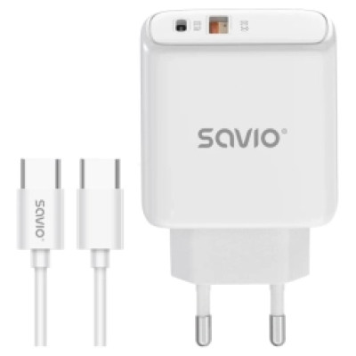 Savio Lādētājs SAVIO Wall Charger 20 W 1&times; USB-A, 1&times; USB-C with USB-C 1m cable