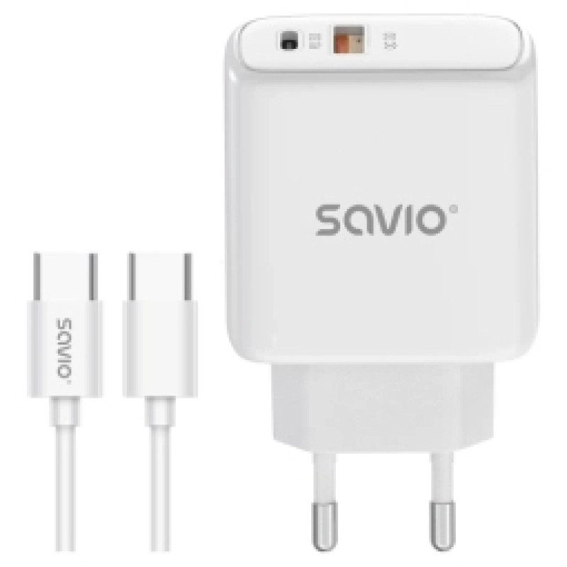 Savio Lādētājs SAVIO Wall Charger 20 W 1&times; USB-A, 1&times; USB-C with USB-C 1m cable