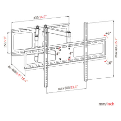 Savio TV stiprinājums Savio 37" &ndash; 86", 60 kg Full-motion TV wall mount
