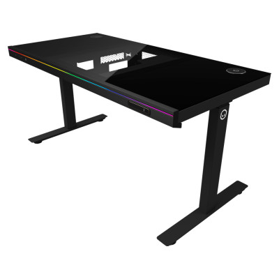 Lorgar Dual-motor sit/stand adjustable-height gaming desk with built-in PC case, wireless charger, RGB lighting, control panel, and USB ports, tempered glass tabletop, black.