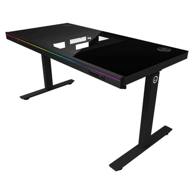 Lorgar Dual-motor sit/stand adjustable-height gaming desk with built-in PC case, wireless charger, RGB lighting, control panel, and USB ports, tempered glass tabletop, black.