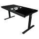 Lorgar Dual-motor sit/stand adjustable-height gaming desk with built-in PC case, wireless charger, RGB lighting, control panel, and USB ports, tempered glass tabletop, black.