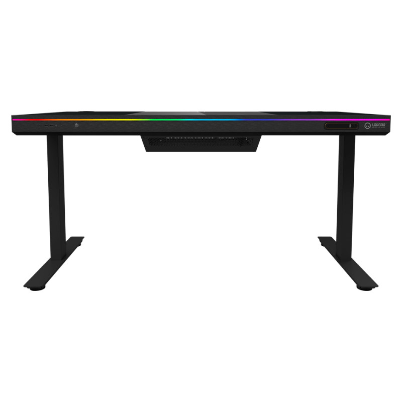 Lorgar Dual-motor sit/stand adjustable-height gaming desk with built-in PC case, wireless charger, RGB lighting, control panel, and USB ports, tempered glass tabletop, black.