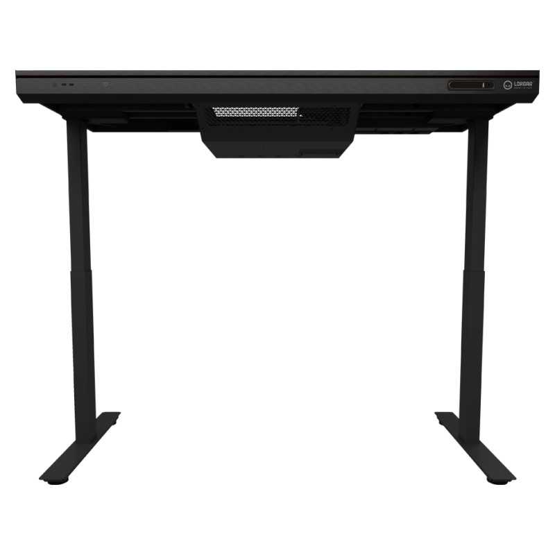 Lorgar Dual-motor sit/stand adjustable-height gaming desk with built-in PC case, wireless charger, RGB lighting, control panel, and USB ports, tempered glass tabletop, black.