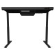 Lorgar Dual-motor sit/stand adjustable-height gaming desk with built-in PC case, wireless charger, RGB lighting, control panel, and USB ports, tempered glass tabletop, black.