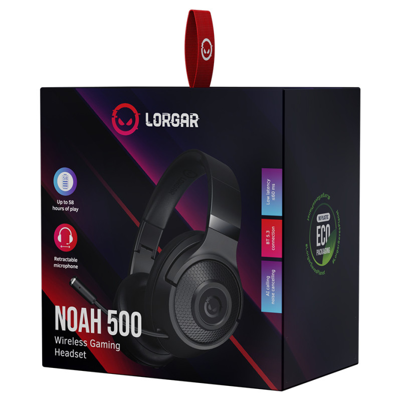 Lorgar Noah 500, Wireless Gaming headset with microphone, JL7006, BT 5.3, battery life up to 58 h (1000mAh), USB (C) charging cable (0.8m), 3.5 mm AUX cable (1.5m), size: 195*185*80mm, 0.24kg, black