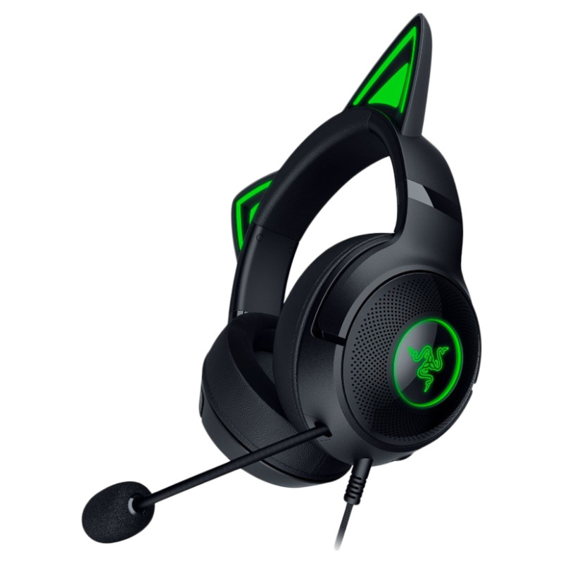 Razer Kraken Kitty V2 - Black, Gaming headset, Kitty Ears, Stream Reactive Lighting, HyperClear Cardioid Mic, 40 mm TriForce Drivers, Built into the earcups microphone, Razer Chroma RGB (Ear and Earcups), Surround sound: Only available on Windows 10 64-bi