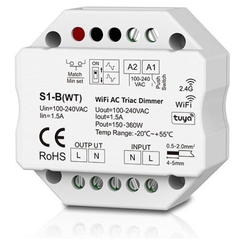 Skydance S1-B(WT) AC Triac Dimmer, Push-Dimm, Tuya, Wi-Fi