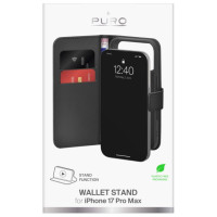 Puro Wallet Stand Case for iPhone 17 Pro Max Made of Eco-Leather, with a Flap, Wallet, and Stand Function - Black