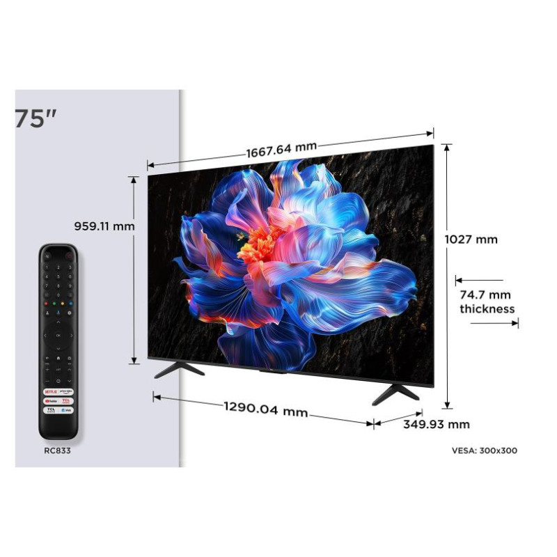 TCL TV Set|TCL|75 "|4K Ultra HD|3840 x 2160 pixels|Flat|16:9|DLED|75V6C