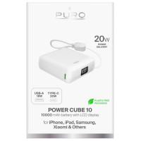 Puro 10000mAh 20W USB-C USB-A Power Bank with Display and Built-in USB-C Cable - White
