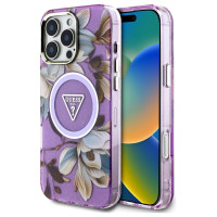 Guess Glitter Flowers Triangle Buttons MagSafe Case for iPhone 16 Pro Max Purple