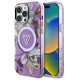 Guess Glitter Flowers Triangle Buttons MagSafe Case for iPhone 16 Pro Max Purple