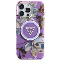 Guess Glitter Flowers Triangle Buttons MagSafe Case for iPhone 16 Pro Max Purple