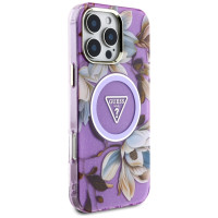 Guess Glitter Flowers Triangle Buttons MagSafe Case for iPhone 16 Pro Max Purple
