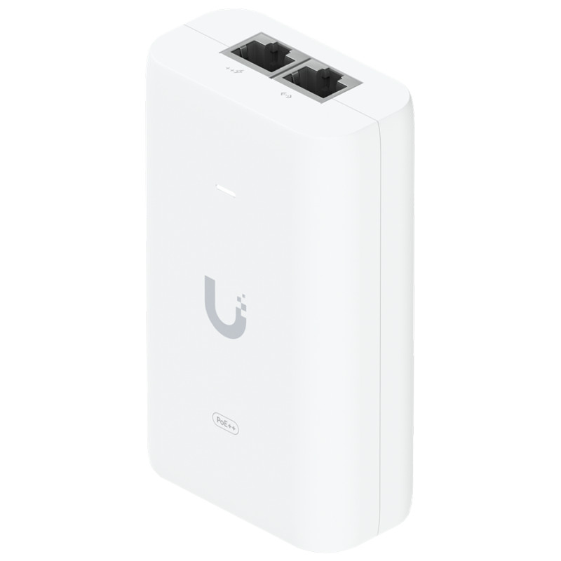 Ubiquiti PoE++ Adapter; Delivers up to 60W of PoE++; Surge, peak pulse, and overcurrent protection; Contains RJ45 data input, AC cable with earth ground, and PoE++ output; LED indicator for status monitoring.