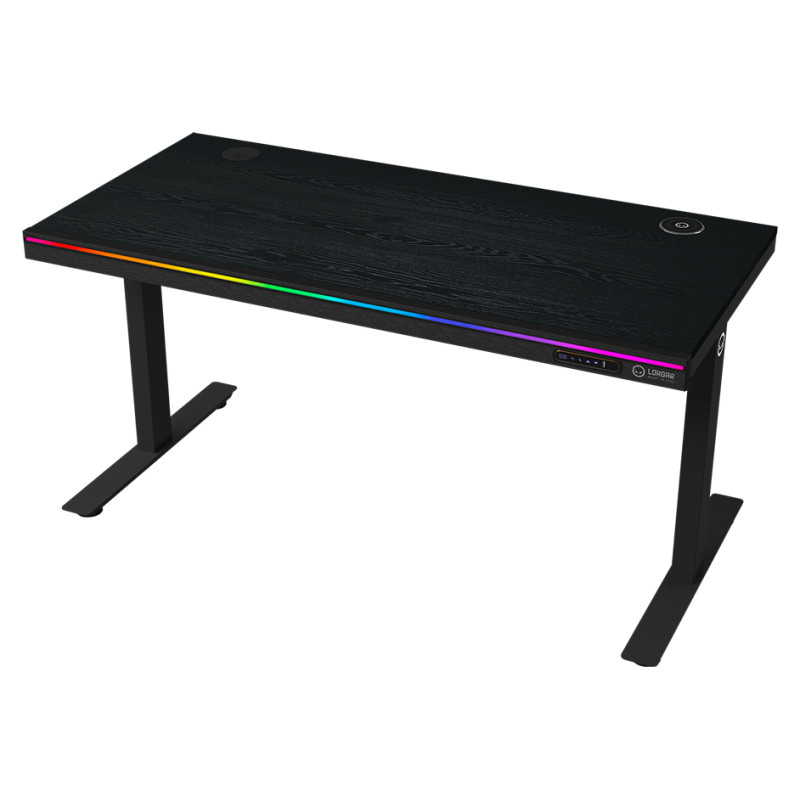 Lorgar Dual-motor sit/stand adjustable-height gaming desk with wireless charger, RGB lighting, control panel, and USB ports, PB melamine surface tabletop, black.