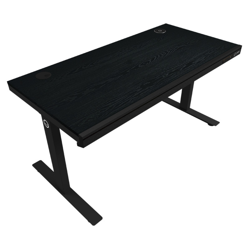Lorgar Dual-motor sit/stand adjustable-height gaming desk with wireless charger, RGB lighting, control panel, and USB ports, PB melamine surface tabletop, black.