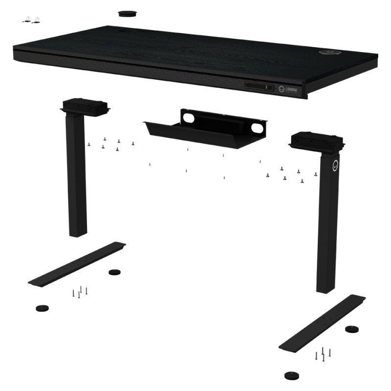 Lorgar Dual-motor sit/stand adjustable-height gaming desk with wireless charger, RGB lighting, control panel, and USB ports, PB melamine surface tabletop, black.